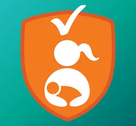 an orange shield and checkmark over the outline of a teen holding a baby that she is babysitting. 