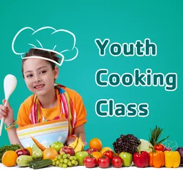 A young girl holding a bowl and spoon by an assortment of vegetables. A chef hat is drawn on her head. The letters read, "youth cooking class." 