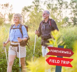 an older couple on a hike. 