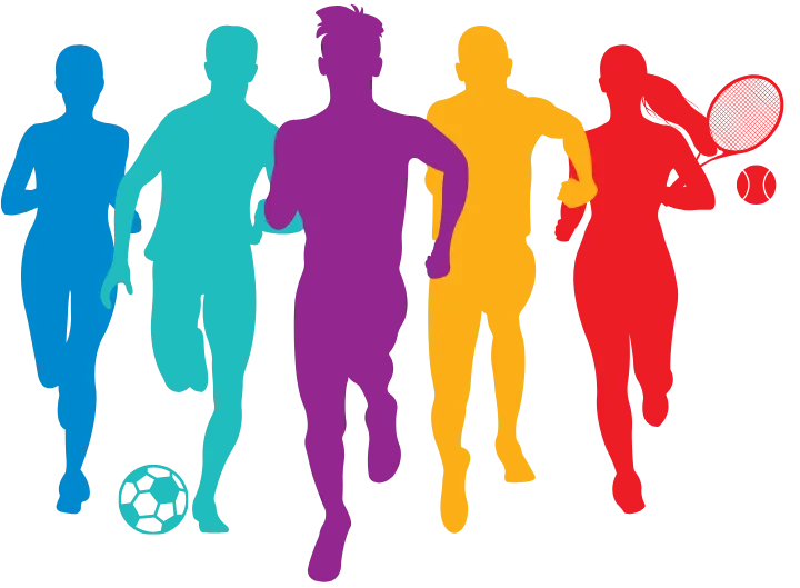 colorful outlines of 5 adults running, one kicking a soccer ball, and one carrying a tennis racquet.