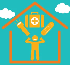 A child prepared with a flashlight, band aid, and first aid kit.