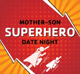 A comic book cell with a mom and son flying in their superhero capes.