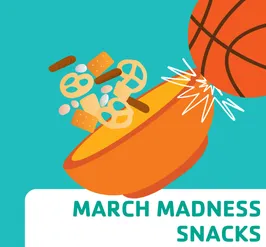 A basketball bouncing into a bowl of snack mix.