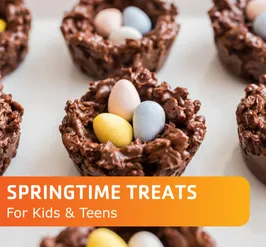 chocolate pretzel nests with chocolate eggs. Springtime treats for kids and teens.