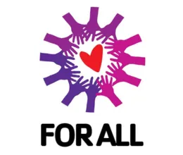 pink and purple hands forming a circle, reaching toward a heart in the middle. The text reads, "for all."