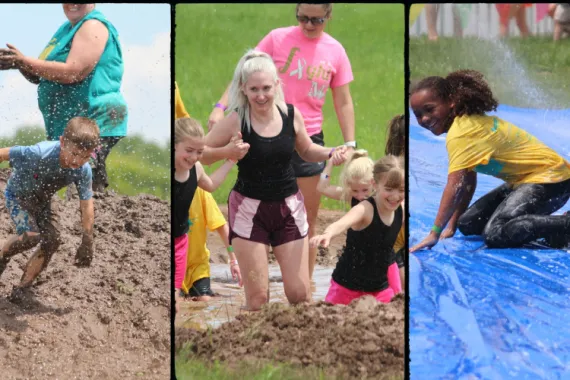 A photo strip showing kids running through the mud with smiles on their faces. 