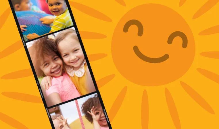 A photo strip of toddlers playing together and playing with toys.