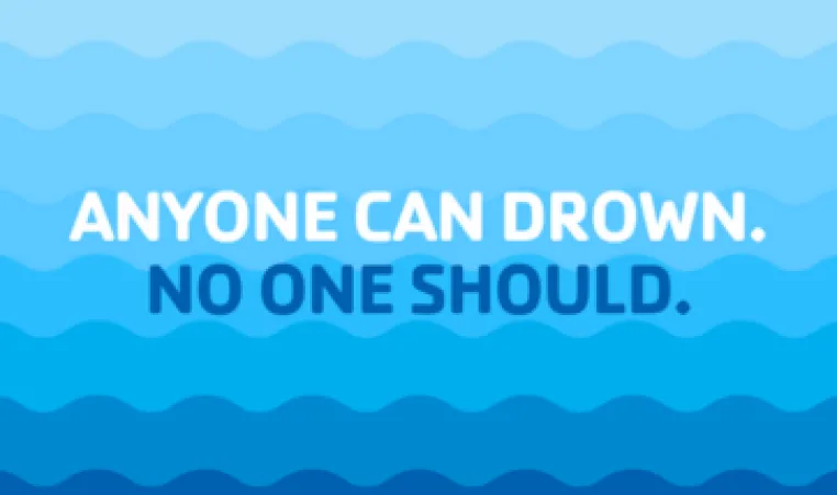 Blue waves behind text that reads, "anyone can drown, no one should."