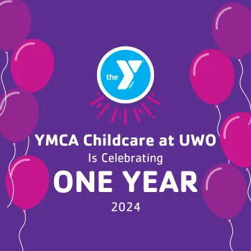 balloons and a YMCA logo and text that reads, "YMCA childcare at UWO is celebrating one year."