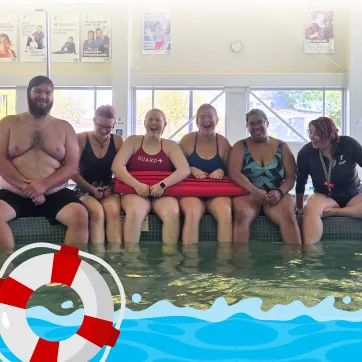 6 YMCA lifeguards smiling and laughing poolside. 