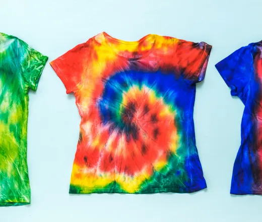 a rainbow colored tie-dye t-shirt.