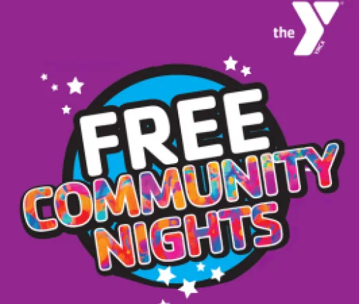 A circle around the words, "free community nights" surrounded by small stars.