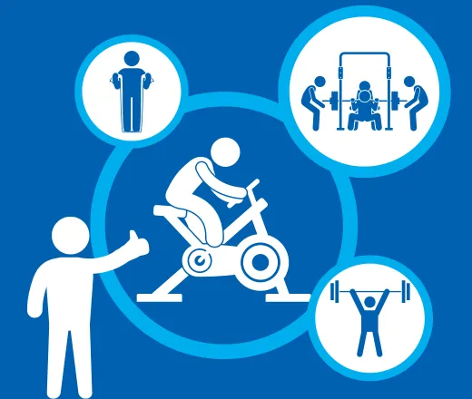 The foreground is a person giving the "thumbs up" signal. The background shows multiple thought bubbles of people using cardio equipment, lifting weights, and using an exercise band.