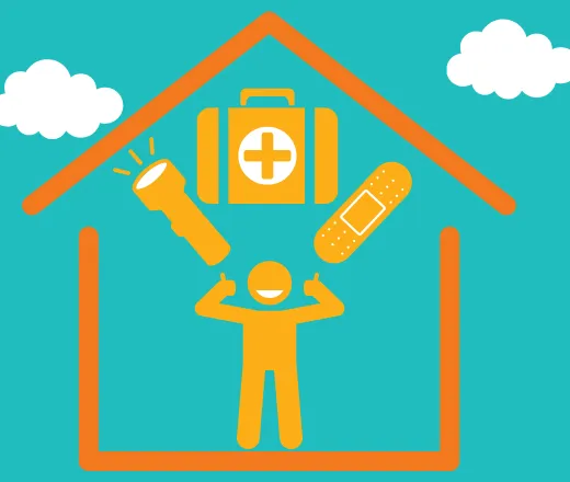 A flashlight, a first aid kid, and a band aid. A child giving a thumbs up.