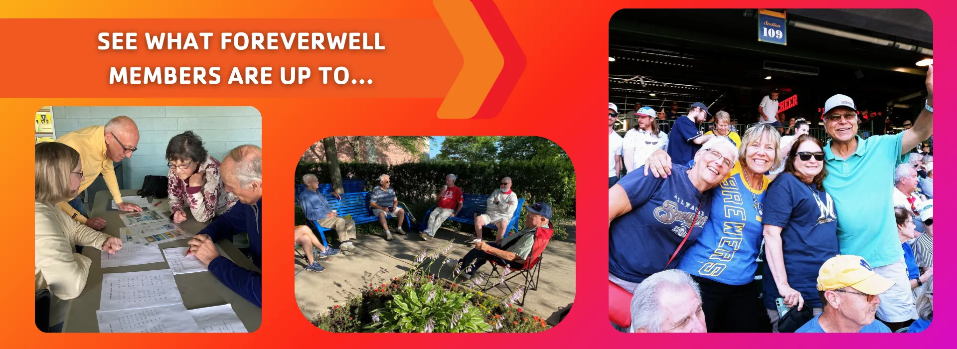 Older adults doing brain teasers, a group of men sitting outside drinking coffee, and a group of older adults at the Brewer game