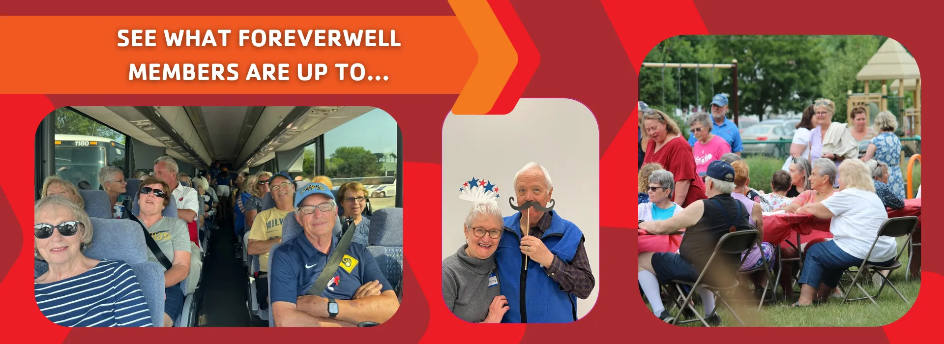 A group riding on a coach bus, a couple using photo booth props, and people sitting outside enjoying a picnic.
